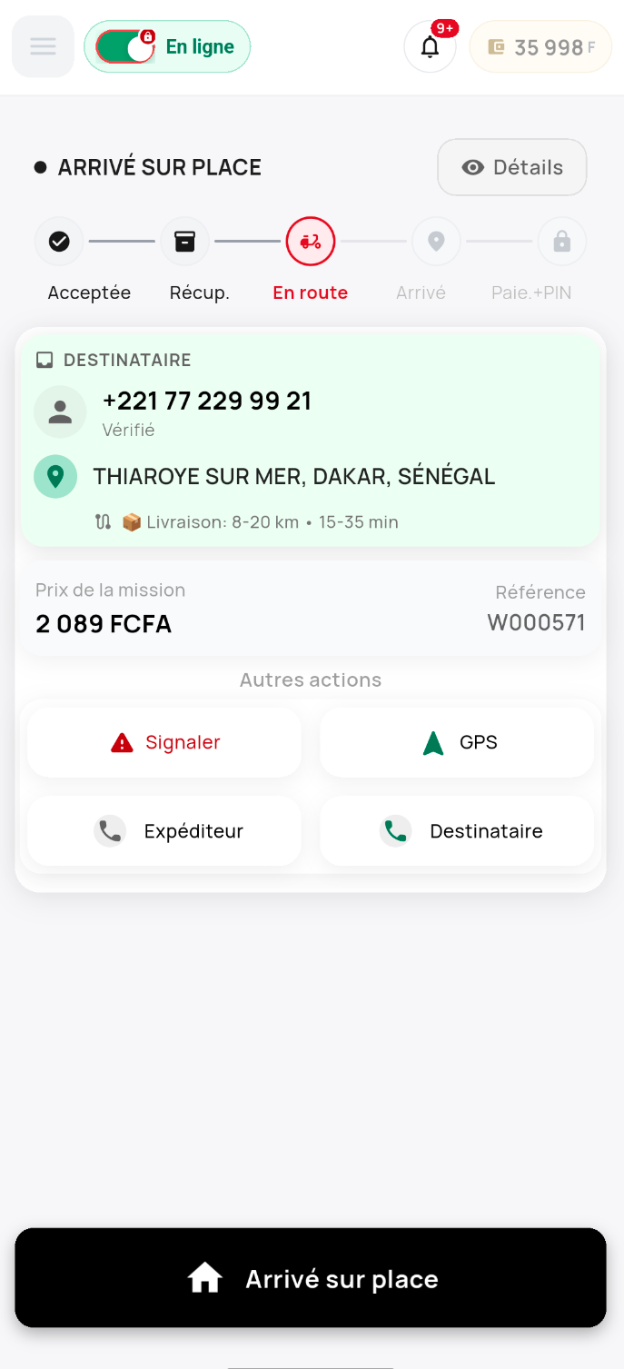 Écran livreur commande