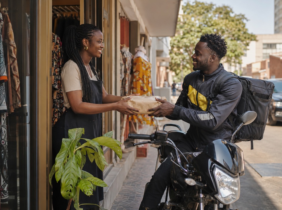 Une commerçante confie un colis à un livreur wigo devant sa boutique.