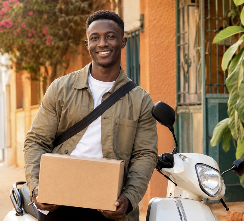 Un livreur wigo souriant, son colis sous le bras, à côté de son scooter.